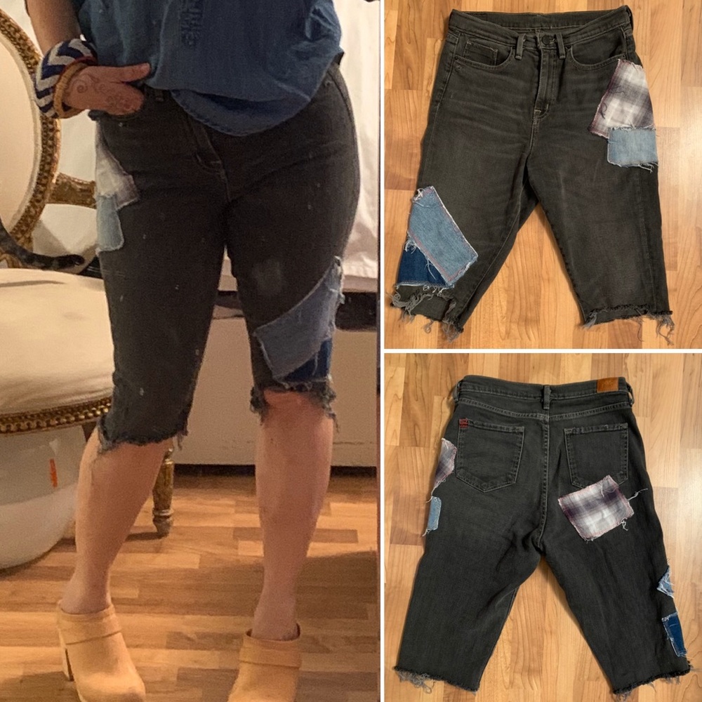 Patchwork Black Denim Fitted Bermuda Shorts